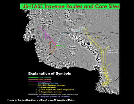 US ITASE traverse routes and core sites